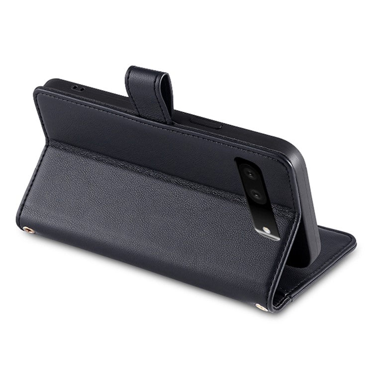 For Google Pixel 7 5G Textured PU Leather Zipper Pocket Wallet Phone Case Stand Multiple Card Slots Magnetic Closure Cover with Wrist Strap and Shoulder Strap - Black