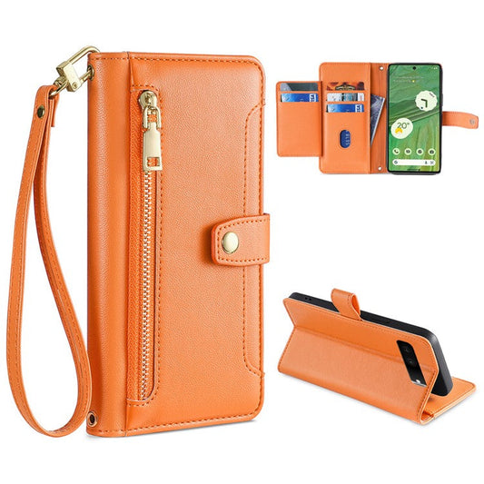 For Google Pixel 7 5G Textured PU Leather Zipper Pocket Wallet Phone Case Stand Multiple Card Slots Magnetic Closure Cover with Wrist Strap and Shoulder Strap - Orange