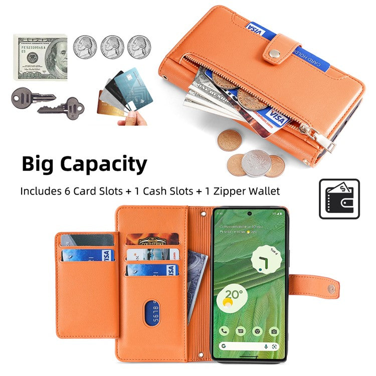 For Google Pixel 7 5G Textured PU Leather Zipper Pocket Wallet Phone Case Stand Multiple Card Slots Magnetic Closure Cover with Wrist Strap and Shoulder Strap - Orange