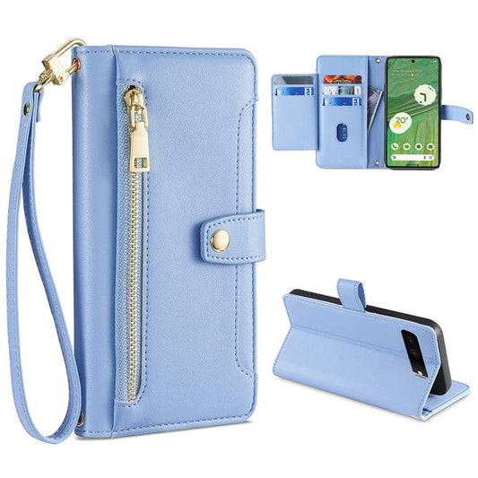 For Google Pixel 7 5G Textured PU Leather Zipper Pocket Wallet Phone Case Stand Multiple Card Slots Magnetic Closure Cover with Wrist Strap and Shoulder Strap - Blue