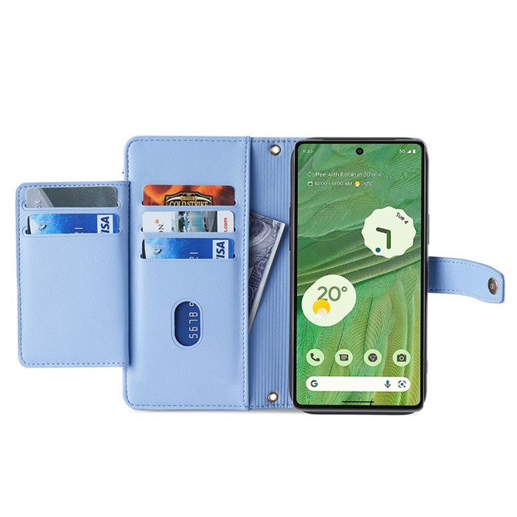 For Google Pixel 7 5G Textured PU Leather Zipper Pocket Wallet Phone Case Stand Multiple Card Slots Magnetic Closure Cover with Wrist Strap and Shoulder Strap - Blue