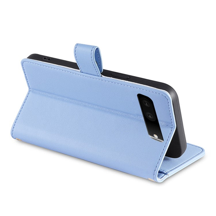 For Google Pixel 7 5G Textured PU Leather Zipper Pocket Wallet Phone Case Stand Multiple Card Slots Magnetic Closure Cover with Wrist Strap and Shoulder Strap - Blue