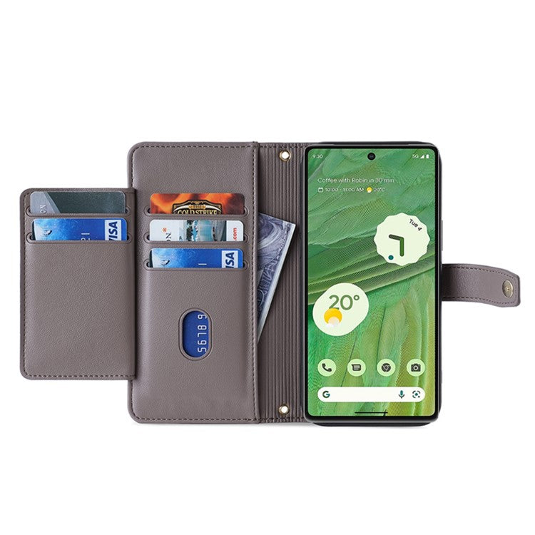 For Google Pixel 7 5G Textured PU Leather Zipper Pocket Wallet Phone Case Stand Multiple Card Slots Magnetic Closure Cover with Wrist Strap and Shoulder Strap - Grey