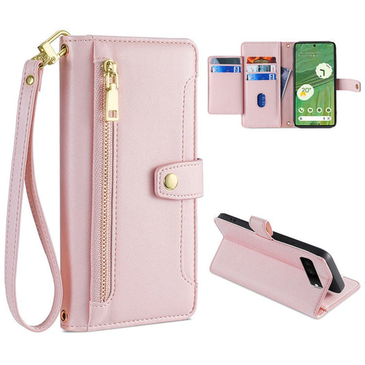For Google Pixel 7 5G Textured PU Leather Zipper Pocket Wallet Phone Case Stand Multiple Card Slots Magnetic Closure Cover with Wrist Strap and Shoulder Strap - Pink
