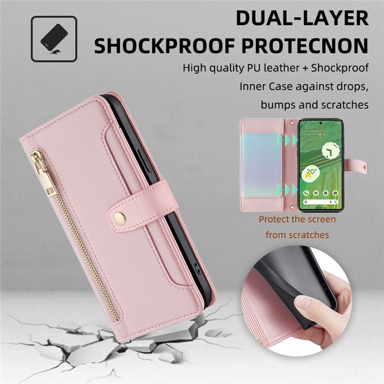 For Google Pixel 7 5G Textured PU Leather Zipper Pocket Wallet Phone Case Stand Multiple Card Slots Magnetic Closure Cover with Wrist Strap and Shoulder Strap - Pink