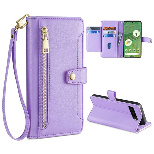For Google Pixel 7 5G Textured PU Leather Zipper Pocket Wallet Phone Case Stand Multiple Card Slots Magnetic Closure Cover with Wrist Strap and Shoulder Strap - Purple