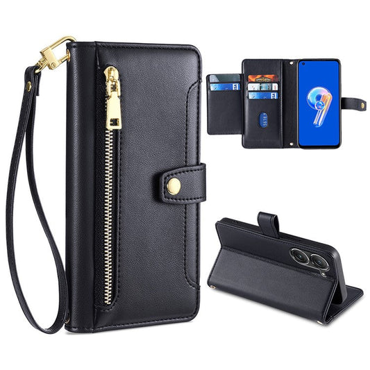 For Asus Zenfone 9 5G Zipper Pocket PU Leather Stand Case Card Slots Flip Phone Cover with Wrist Strap and Shoulder Strap - Black