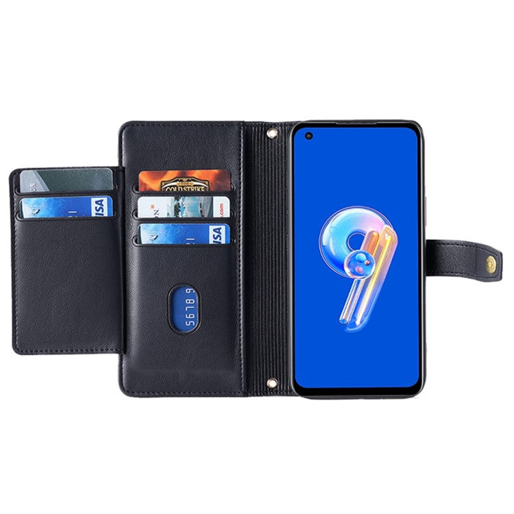 For Asus Zenfone 9 5G Zipper Pocket PU Leather Stand Case Card Slots Flip Phone Cover with Wrist Strap and Shoulder Strap - Black