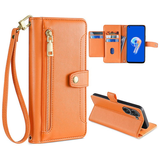 For Asus Zenfone 9 5G Zipper Pocket PU Leather Stand Case Card Slots Flip Phone Cover with Wrist Strap and Shoulder Strap - Orange
