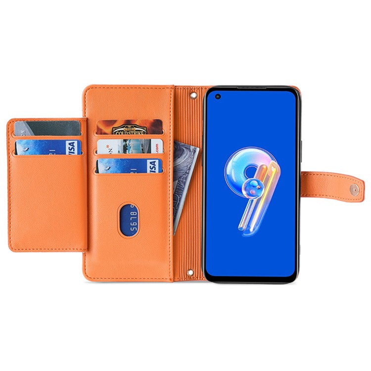 For Asus Zenfone 9 5G Zipper Pocket PU Leather Stand Case Card Slots Flip Phone Cover with Wrist Strap and Shoulder Strap - Orange