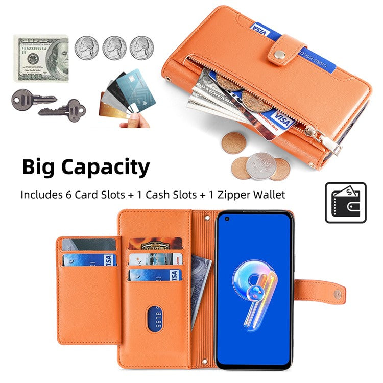 For Asus Zenfone 9 5G Zipper Pocket PU Leather Stand Case Card Slots Flip Phone Cover with Wrist Strap and Shoulder Strap - Orange
