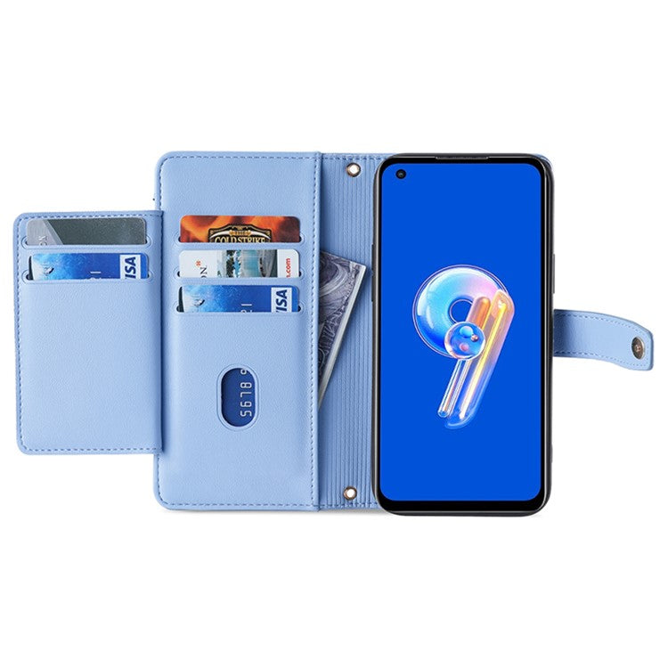 For Asus Zenfone 9 5G Zipper Pocket PU Leather Stand Case Card Slots Flip Phone Cover with Wrist Strap and Shoulder Strap - Blue