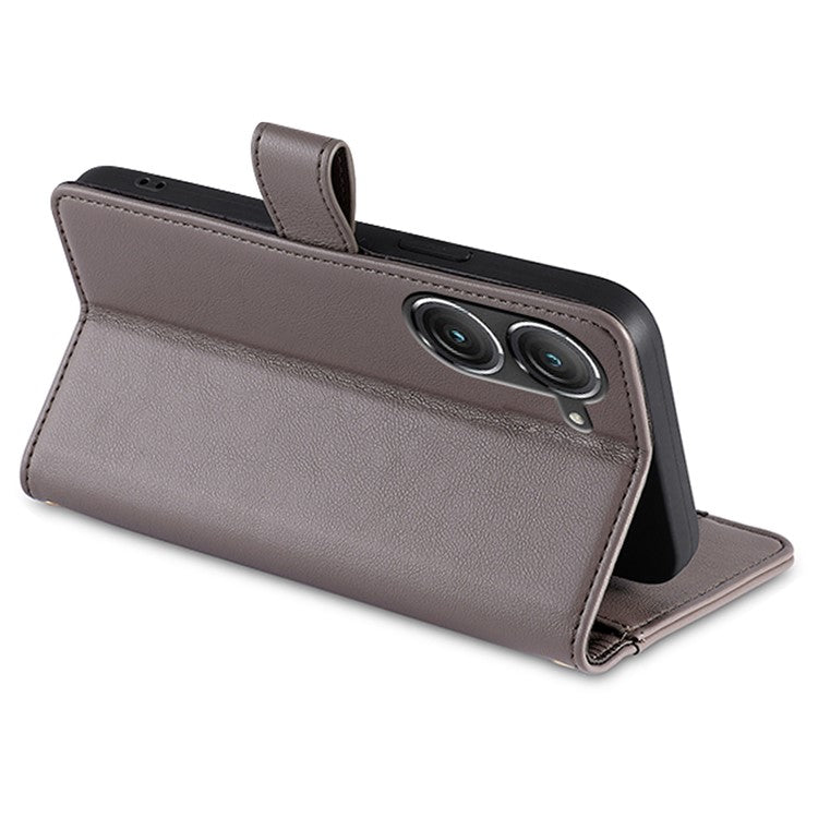 For Asus Zenfone 9 5G Zipper Pocket PU Leather Stand Case Card Slots Flip Phone Cover with Wrist Strap and Shoulder Strap - Grey