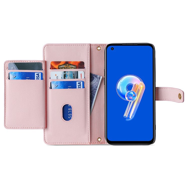 For Asus Zenfone 9 5G Zipper Pocket PU Leather Stand Case Card Slots Flip Phone Cover with Wrist Strap and Shoulder Strap - Pink