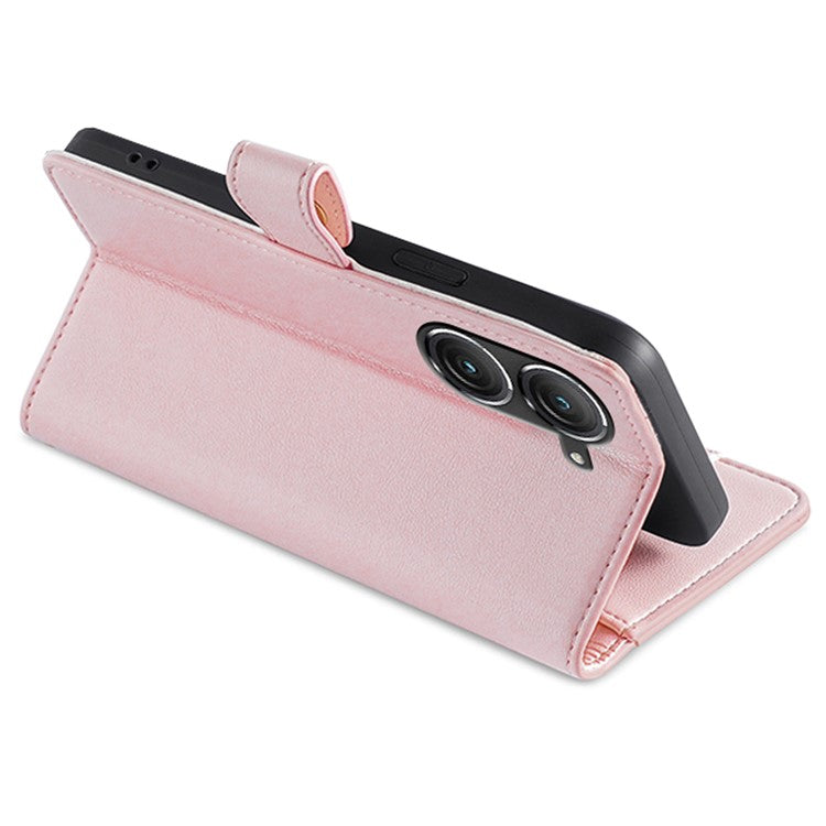 For Asus Zenfone 9 5G Zipper Pocket PU Leather Stand Case Card Slots Flip Phone Cover with Wrist Strap and Shoulder Strap - Pink