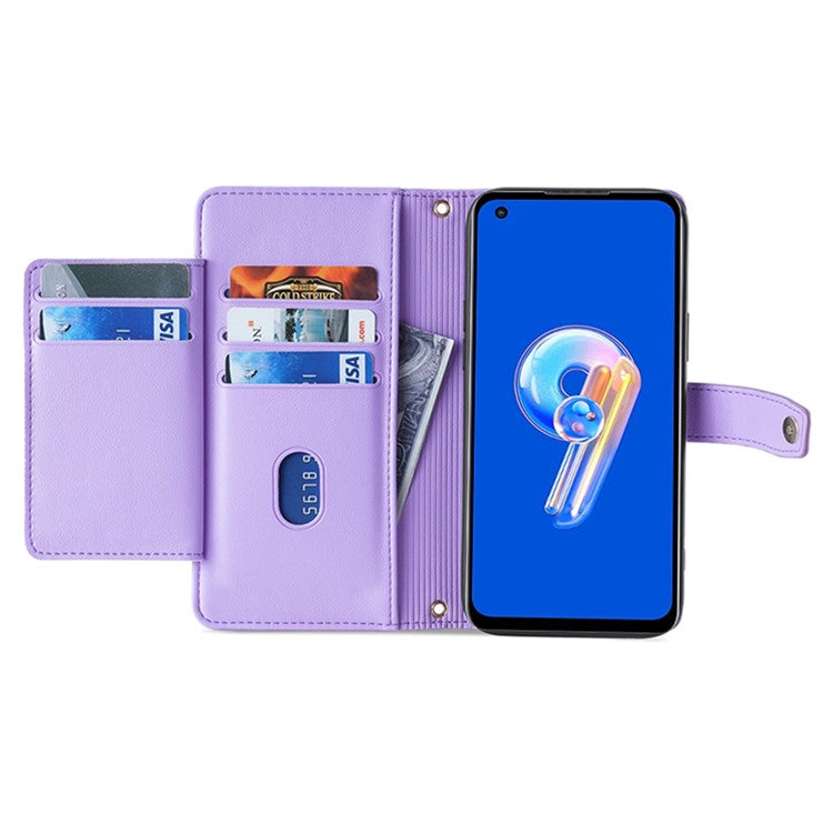 For Asus Zenfone 9 5G Zipper Pocket PU Leather Stand Case Card Slots Flip Phone Cover with Wrist Strap and Shoulder Strap - Purple