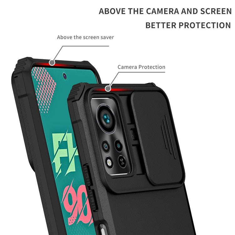 For Infinix Hot 11s NFC 4G Slide Camera Protection Anti-Fall Cell Phone Shell Kickstand PC + TPU Hybrid Cover Phone Case - Black
