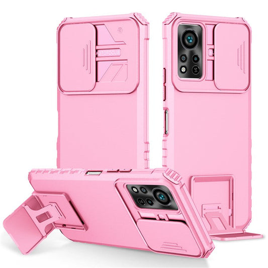 For Infinix Hot 11s NFC 4G Slide Camera Protection Anti-Fall Cell Phone Shell Kickstand PC + TPU Hybrid Cover Phone Case - Pink