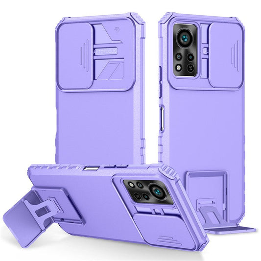 For Infinix Hot 11s NFC 4G Slide Camera Protection Anti-Fall Cell Phone Shell Kickstand PC + TPU Hybrid Cover Phone Case - Purple