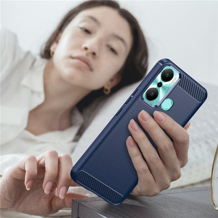 For Infinix Hot 20 Play 4G Carbon Fiber Texture Phone Case Soft TPU Brushed Surface Protective Cover - Blue