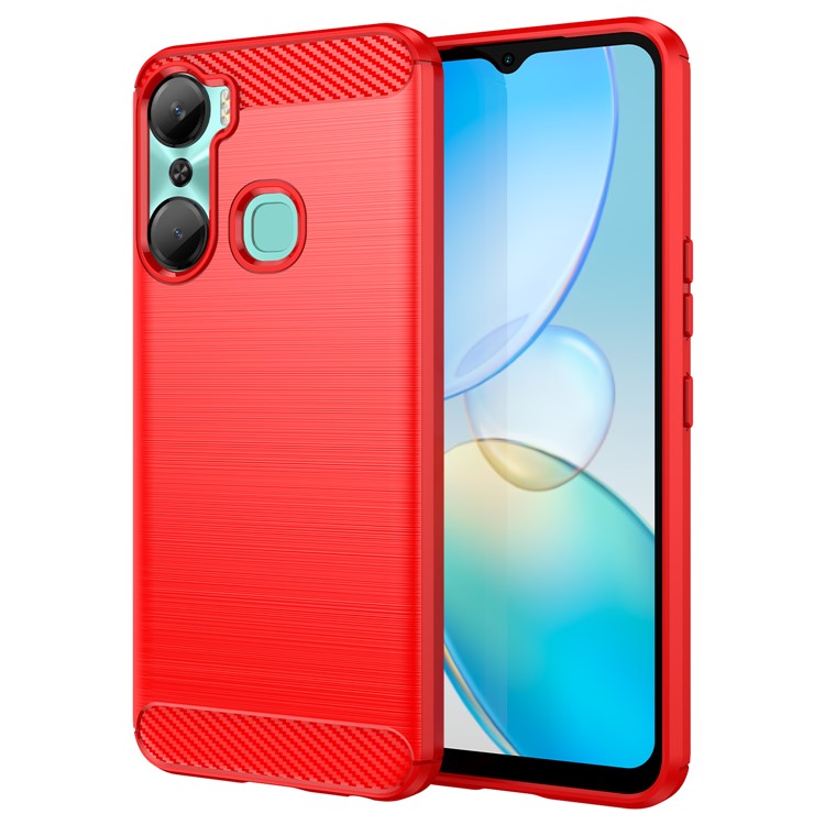 For Infinix Hot 12 Pro 4G Carbon Fiber Texture Phone Case Shockproof TPU Brushed Surface Protective Cover - Red