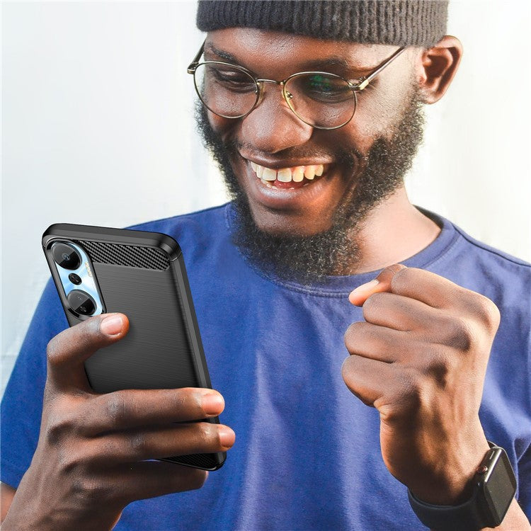 For Infinix Hot 20 4G Drop Resistant Carbon Fiber Texture Phone Case Soft TPU Brushed Surface Protective Cover - Black