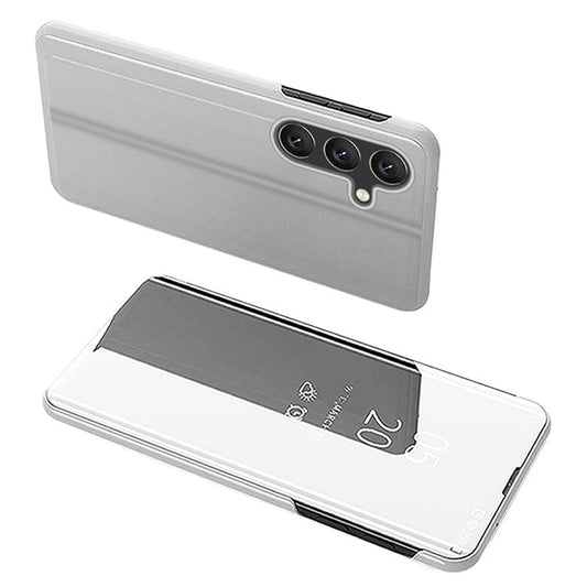 For Samsung Galaxy A54 5G View Window PU Leather Protective Phone Case Stand Mirror Electroplating Anti-scratch Phone Cover - Silver