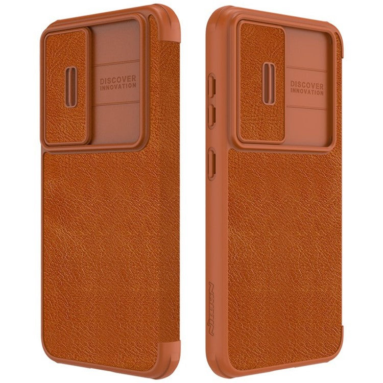 NILLKIN Qin Pro Series for Samsung Galaxy S23+ PU Leather Phone Case Card Holder Folio Flip Cover with Slide Lens Protector - Brown
