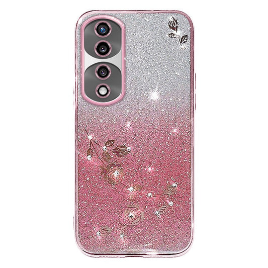 KADEM For Honor 70 Pro+ 5G Flexible TPU Cell Phone Cover Glitter Powder Flower Pattern Decor Rhinestone Design Smartphone Case Shell - Rose Gold
