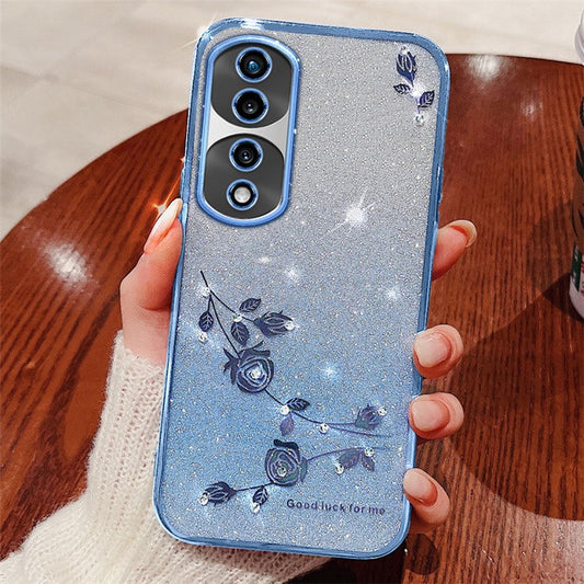 KADEM For Honor 70 Pro+ 5G Flexible TPU Cell Phone Cover Glitter Powder Flower Pattern Decor Rhinestone Design Smartphone Case Shell - Blue