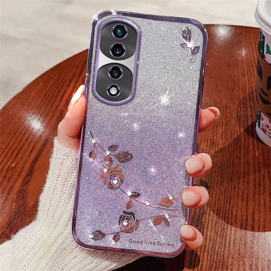 KADEM For Honor 70 Pro+ 5G Flexible TPU Cell Phone Cover Glitter Powder Flower Pattern Decor Rhinestone Design Smartphone Case Shell - Purple