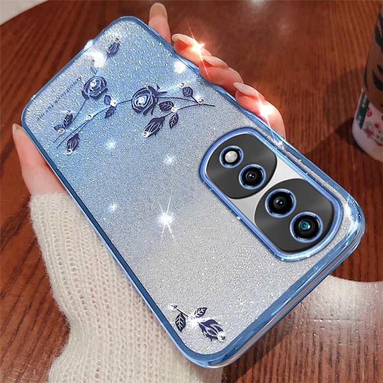 KADEM For Honor 70 5G Flower Pattern Decor Rhinestone Design Smartphone Case Glitter Powder Flexible TPU Cell Phone Cover - Blue
