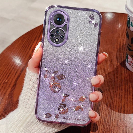 KADEM Flower Pattern Decor Phone Case for Honor 50, Rhinestone Gradient Color Glitter Powder Anti-scratch TPU Back Cover - Purple