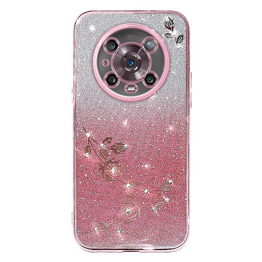 KADEM For Honor Magic4 Pro 5G Gradient Glitter Powder Soft TPU Anti-drop Cover Rhinestone Decor Flower Pattern Protective Case - Rose Gold