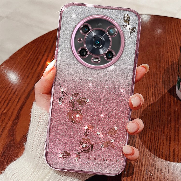 KADEM For Honor Magic4 Pro 5G Gradient Glitter Powder Soft TPU Anti-drop Cover Rhinestone Decor Flower Pattern Protective Case - Rose Gold