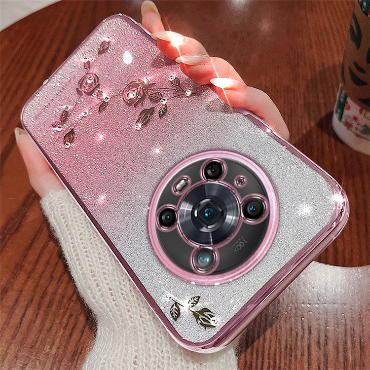 KADEM For Honor Magic4 Pro 5G Gradient Glitter Powder Soft TPU Anti-drop Cover Rhinestone Decor Flower Pattern Protective Case - Rose Gold