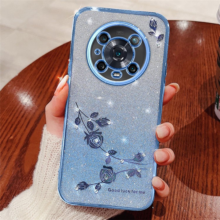 KADEM For Honor Magic4 Pro 5G Gradient Glitter Powder Soft TPU Anti-drop Cover Rhinestone Decor Flower Pattern Protective Case - Blue