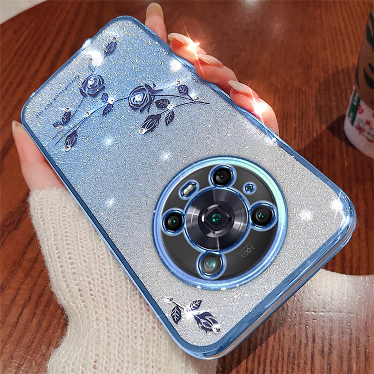 KADEM For Honor Magic4 Pro 5G Gradient Glitter Powder Soft TPU Anti-drop Cover Rhinestone Decor Flower Pattern Protective Case - Blue