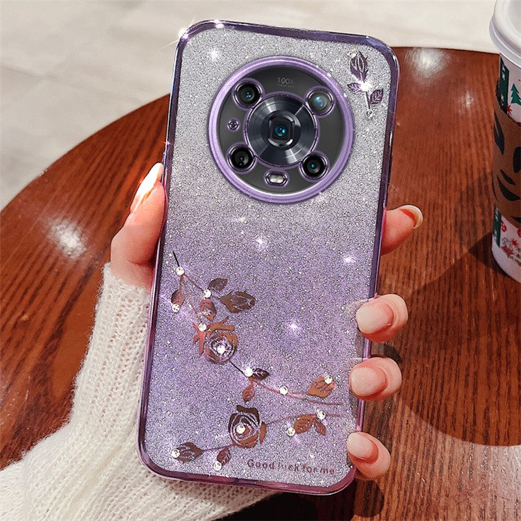 KADEM For Honor Magic4 Pro 5G Gradient Glitter Powder Soft TPU Anti-drop Cover Rhinestone Decor Flower Pattern Protective Case - Purple