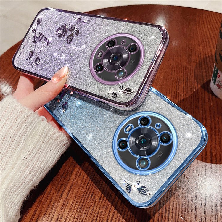 KADEM For Honor Magic4 Pro 5G Gradient Glitter Powder Soft TPU Anti-drop Cover Rhinestone Decor Flower Pattern Protective Case - Purple