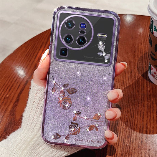 KADEM For vivo X80 Pro 5G Gradient Glitter Powder TPU Protective Cover Stylish Rhinestone Decor Flower Pattern Phone Back Case - Purple