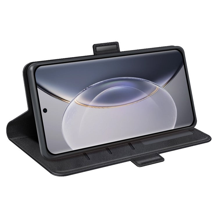 For vivo X90 Pro 5G Calf Texture Stand Phone Case PU Leather Dual Magnetic Clasp Wallet Drop Protection Phone Cover - Black