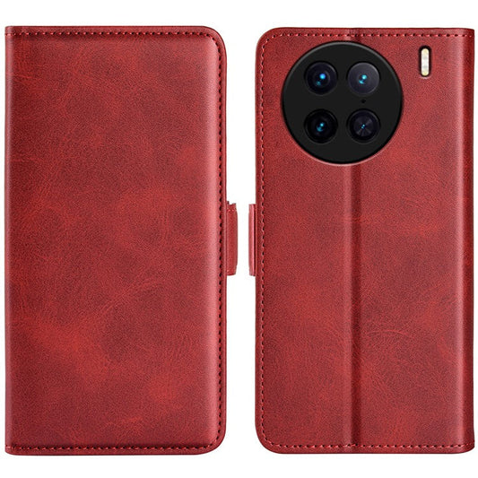 For vivo X90 Pro 5G Calf Texture Stand Phone Case PU Leather Dual Magnetic Clasp Wallet Drop Protection Phone Cover - Red