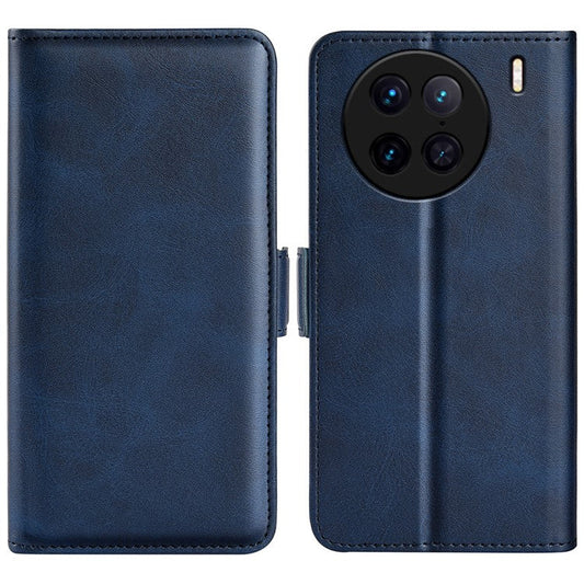 For vivo X90 Pro 5G Calf Texture Stand Phone Case PU Leather Dual Magnetic Clasp Wallet Drop Protection Phone Cover - Blue