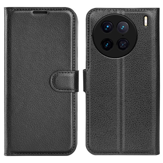For vivo X90 Pro 5G Full Protection Flip Phone Case Anti-scratch Litchi Texture PU Leather Stand Wallet Phone Cover - Black