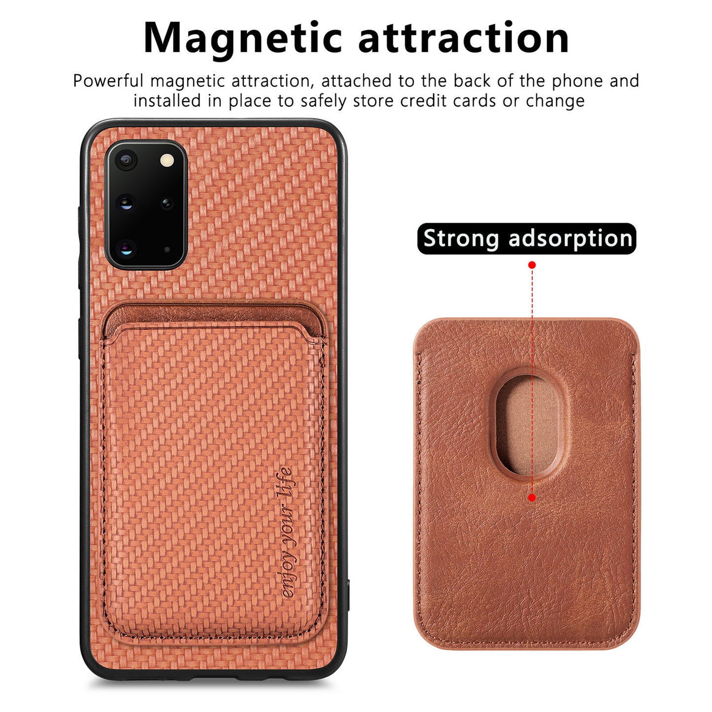 For Samsung Galaxy S20 Plus 4G / 5G Carbon Fiber Texture Shell, Card Holder Design Detachable 2-in-1 Magnetic Phone Case PU Leather + TPU + PC Protective Cover - Brown