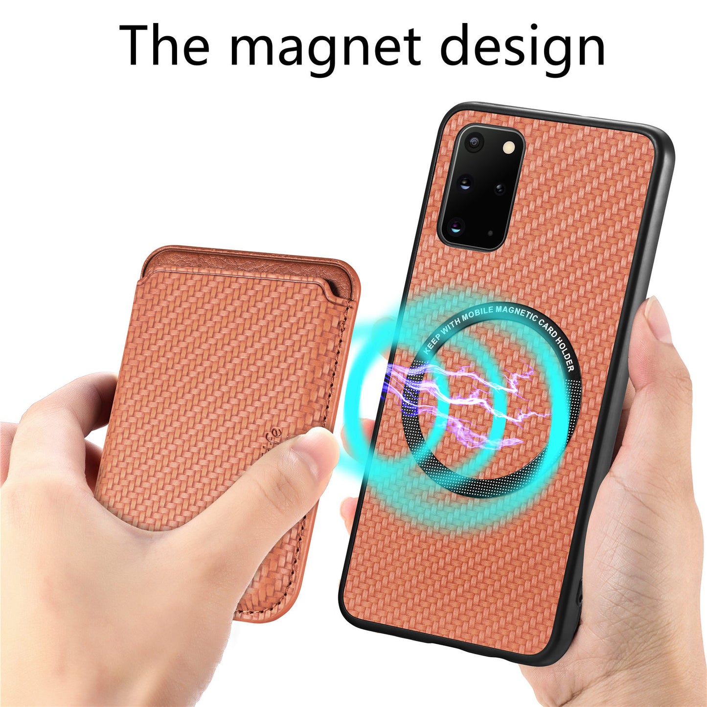 For Samsung Galaxy S20 Plus 4G / 5G Carbon Fiber Texture Shell, Card Holder Design Detachable 2-in-1 Magnetic Phone Case PU Leather + TPU + PC Protective Cover - Brown