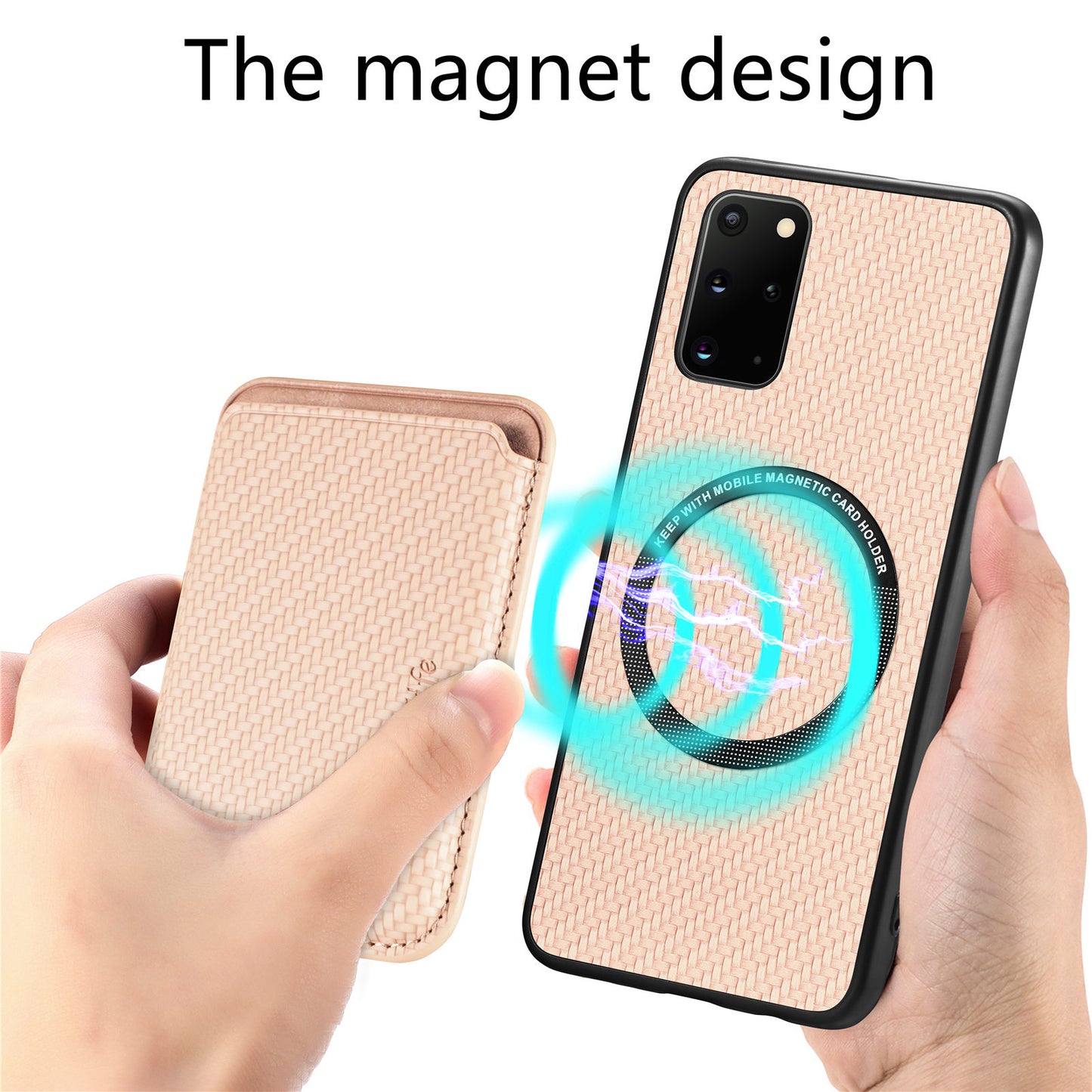 For Samsung Galaxy S20 Plus 4G / 5G Carbon Fiber Texture Shell, Card Holder Design Detachable 2-in-1 Magnetic Phone Case PU Leather + TPU + PC Protective Cover - Khaki