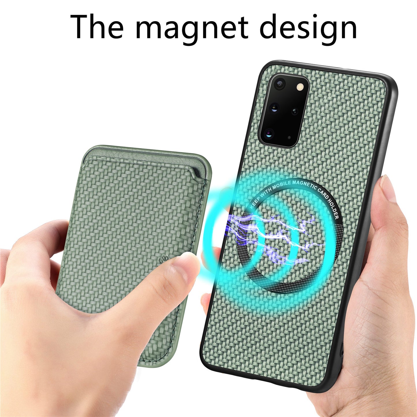 For Samsung Galaxy S20 Plus 4G / 5G Carbon Fiber Texture Shell, Card Holder Design Detachable 2-in-1 Magnetic Phone Case PU Leather + TPU + PC Protective Cover - Green