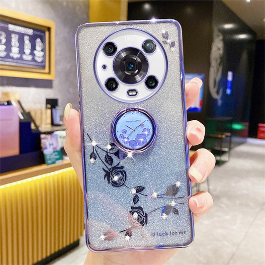 KADEM For Honor Magic4 Pro 5G TPU Case with Kickstand Glitter Flower Pattern Rhinestone Decor - Blue